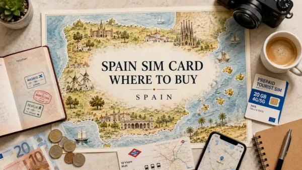 Spain SIM Card: Where to Buy and How to Set It Up 5 Flat lay Spain SIM card guide with illustrated map, passport, coins, coffee, and phone.