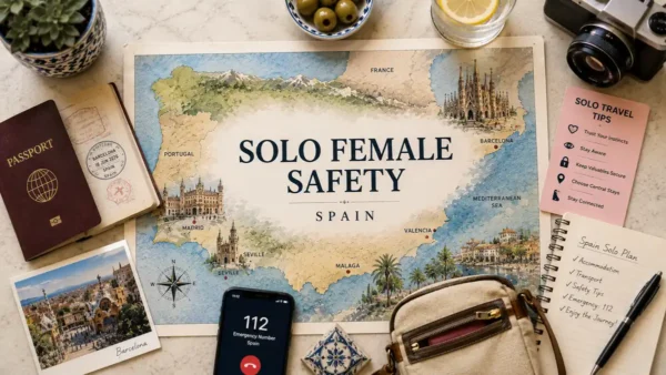 Overhead Spain travel flat lay with map poster, passport, solo safety tips, emergency phone screen, and planning notebook.