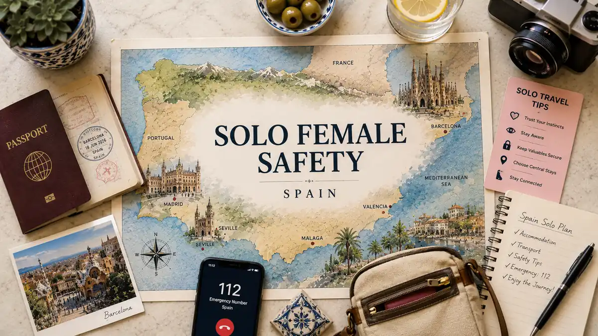 Is Spain Safe for Solo Female Travelers? 2 Overhead Spain travel flat lay with map poster, passport, solo safety tips, emergency phone screen, and planning notebook.