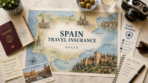 Overhead Spain travel flat lay with map poster, passport, insurance checklist, medical cover note, and trip-planning notebook.