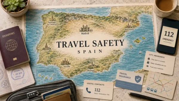 Flat lay travel safety map of Spain with a passport, phone, travel pouch, and emergency planning details.