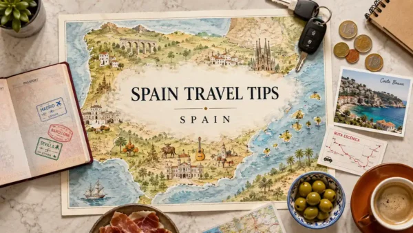 Spain Travel Tips: What to Know Before You Go 9 Flat lay Spain travel map with passport, coins, coffee, olives, and planning cards.