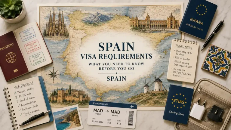 Spain visa requirements flat lay with an illustrated map, passport, checklist, travel notes, and EU entry props.