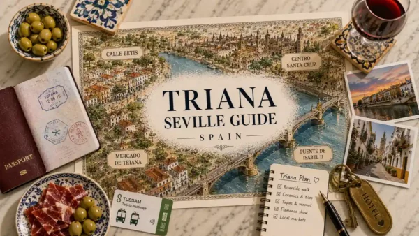 Illustrated Triana Seville stay map with passport, bridge, tapas, wine, hotel key, and travel plan.
