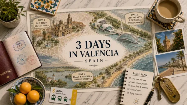 Valencia Itinerary: The Perfect 3-Day Route 9 Illustrated Valencia 3-day itinerary map with passport, coffee, transit card, oranges, photos, and planning notes.