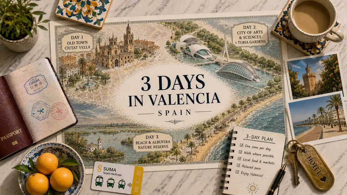 Valencia Itinerary: The Perfect 3-Day Route 2 Illustrated Valencia 3-day itinerary map with passport, coffee, transit card, oranges, photos, and planning notes.