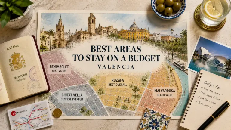 Flat lay travel map of Valencia budget stay areas with passport, metro card, coins, olives, and trip notes