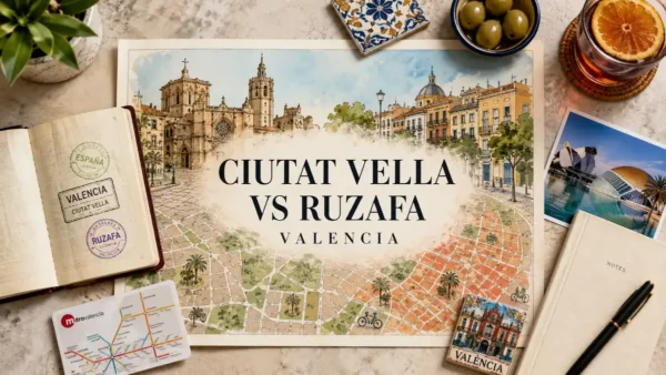 Flat lay travel map comparing Ciutat Vella and Ruzafa in Valencia with passport and local planning objects