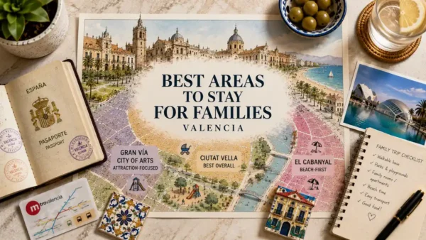 Flat lay travel map of Valencia family stay areas with passport, metro card, family checklist, olives, and beach postcard
