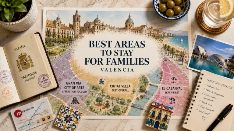 Flat lay travel map of Valencia family stay areas with passport, metro card, family checklist, olives, and beach postcard