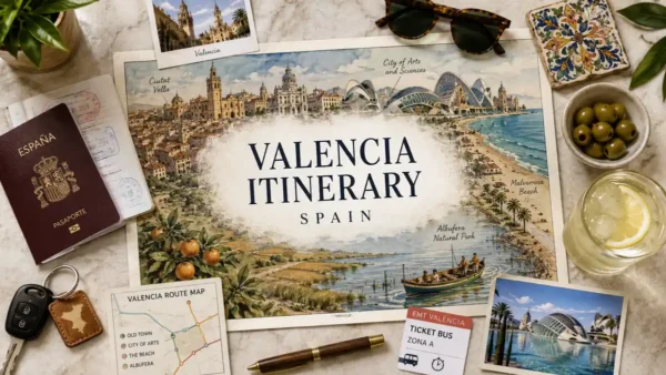 Valencia Itinerary: The Perfect 2-Day Route 8 Flat-lay Valencia itinerary map with passport, route card, beach postcard, olives, and travel props