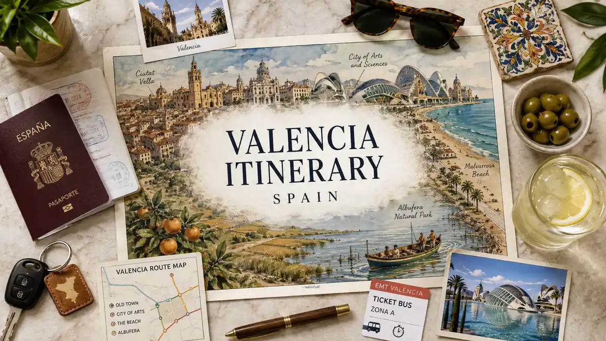 Valencia Itinerary: The Perfect 2-Day Route 2 Flat-lay Valencia itinerary map with passport, route card, beach postcard, olives, and travel props