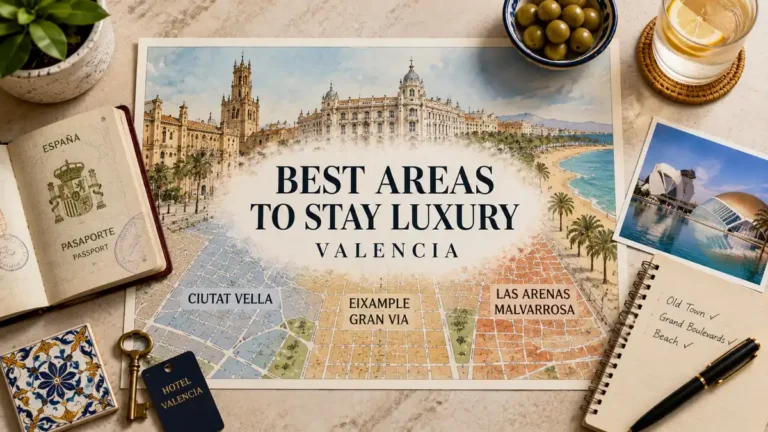 Flat lay travel map of Valencia luxury stay areas with passport, hotel key, beach postcard, olives, and notes