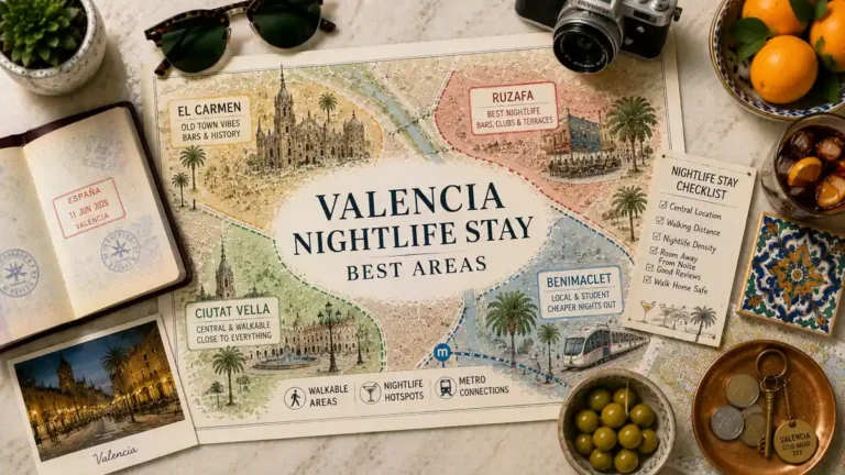 Where to Stay in Valencia for Nightlife 8 Flat lay Valencia nightlife stay map with passport, checklist, citrus, drink, olives, coins, and bar-area planning props.