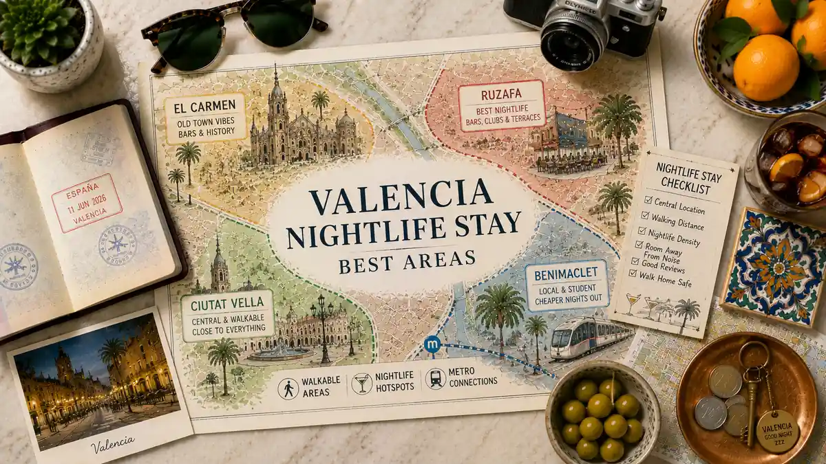 Where to Stay in Valencia for Nightlife 2 Flat lay Valencia nightlife stay map with passport, checklist, citrus, drink, olives, coins, and bar-area planning props.