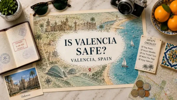Is Valencia Safe? A Valencia Safety Guide 9 Flat lay Valencia safety map with passport, checklist, citrus, tile, coins, and city travel planning props.