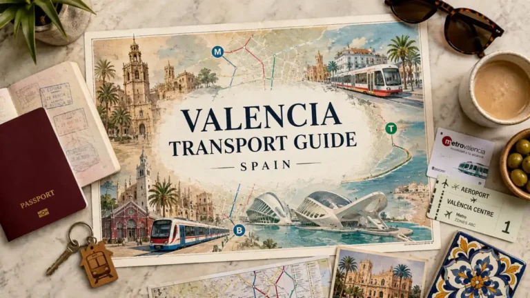 Flat lay travel map of Valencia with passport, metro tickets, coffee, olives, and transport props.