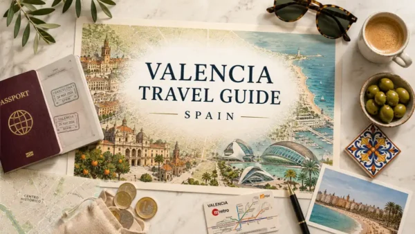 Travel to Valencia, Spain: How to Plan Your Trip 7 Flat lay map-poster of Valencia with passport, coffee, olives, ceramic tile, and travel planning objects.