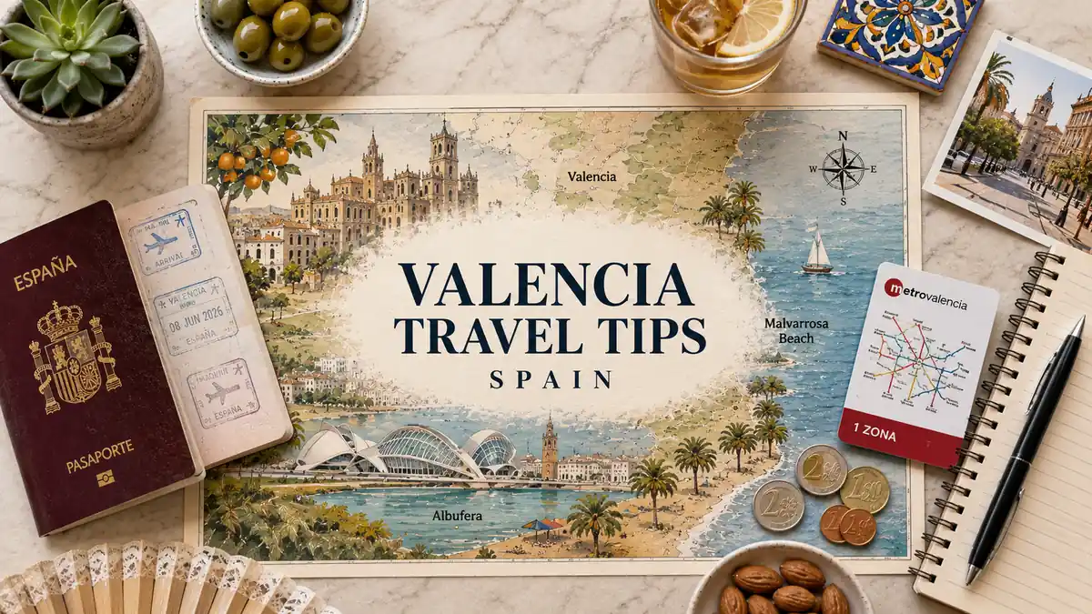 Valencia Travel Tips: What First-Timers Should Know 2 Flat lay Valencia travel tips map with passport, coins, metro card, notebook, olives, and local planning props