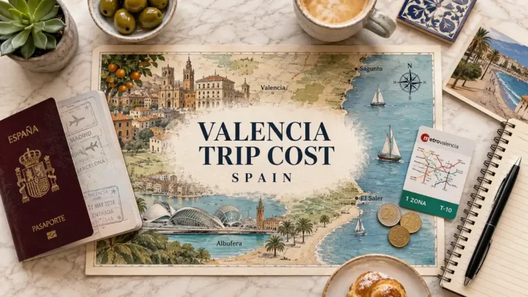 Flat lay travel budget map for Valencia, Spain with passport, coins, coffee, notebook, and local planning props