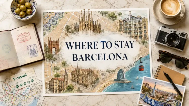 Barcelona map-poster flat lay with a passport and travel planning items for a couples stay guide.