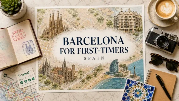 Barcelona map-poster flat lay with a passport and travel planning items for first-time visitors.