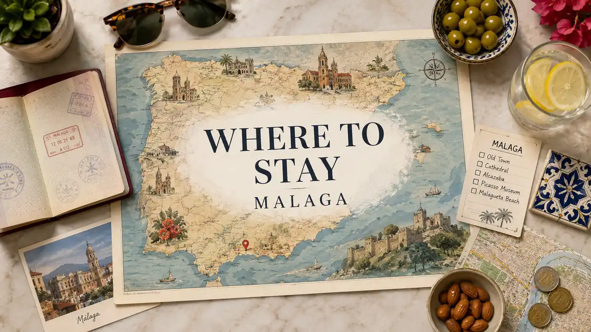 Where to Stay in Malaga for First-Time Visitors 2 Flat lay Malaga travel map with passport, checklist, olives, tile, coins, and coastal planning props.