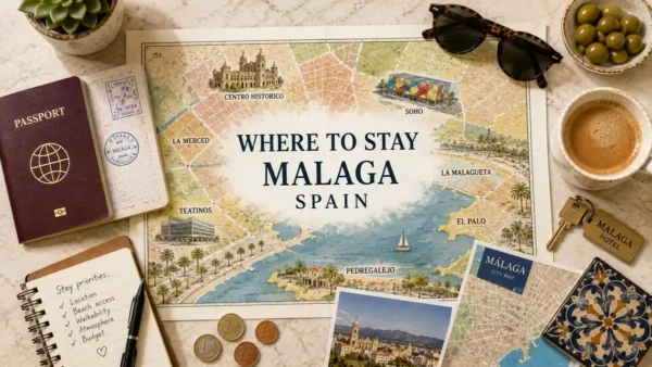 Where to Stay in Malaga: Best Areas to Base Yourself 10 Overhead travel flat lay with a Malaga neighborhood map, passport, hotel key, coffee, notebook, and city map.
