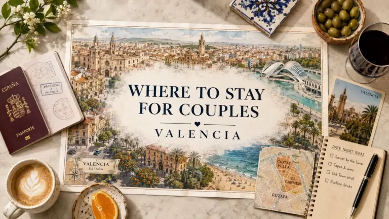 Top-down Valencia map poster with passport, coffee, olives, and neighborhood notes for a couples stay guide