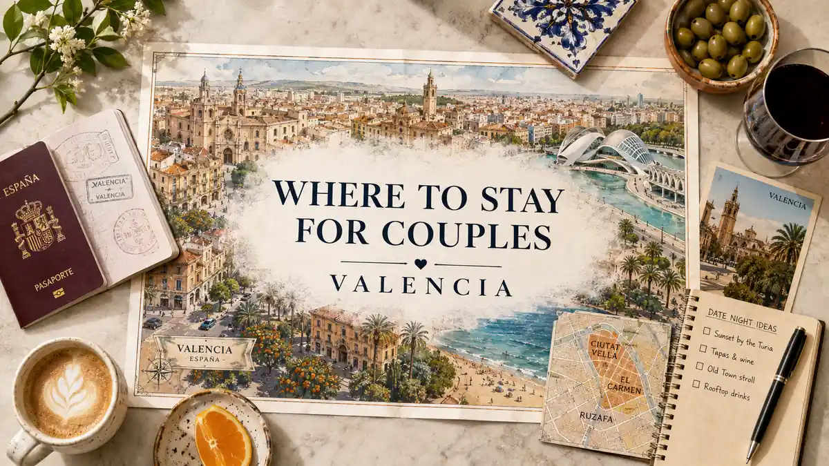 Where to Stay in Valencia for Couples 2 Top-down Valencia map poster with passport, coffee, olives, and neighborhood notes for a couples stay guide