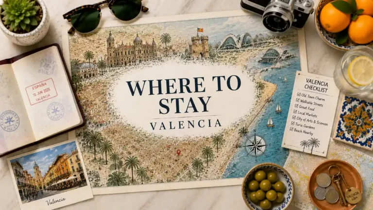 Where to Stay in Valencia for First-Time Visitors 9 Flat lay Valencia first-time stay map with passport, checklist, citrus, tile, olives, coins, and city planning props.