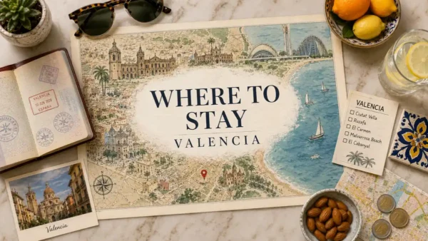 Where to Stay in Valencia: Best Areas to Base Yourself 10 Flat lay Valencia travel map with passport, neighborhood checklist, citrus, tile, coins, and beach planning props.