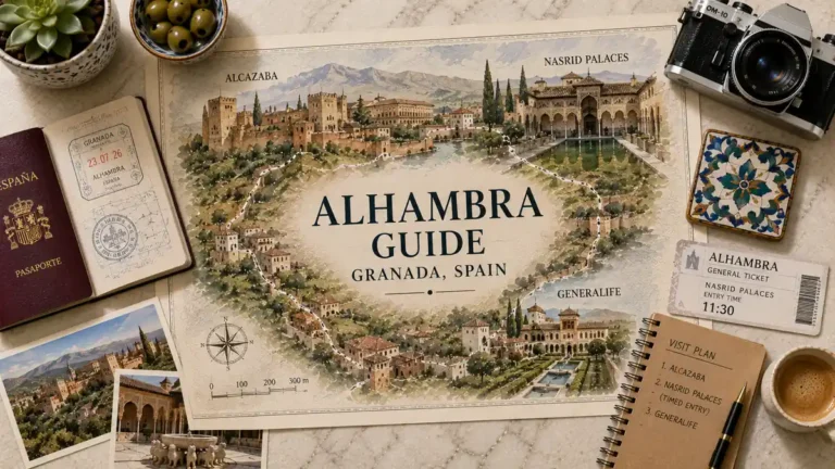 Overhead travel flat lay with an illustrated Alhambra map, passport, entry ticket, visit-plan notebook, postcards, ceramic tile, olives, and coffee.