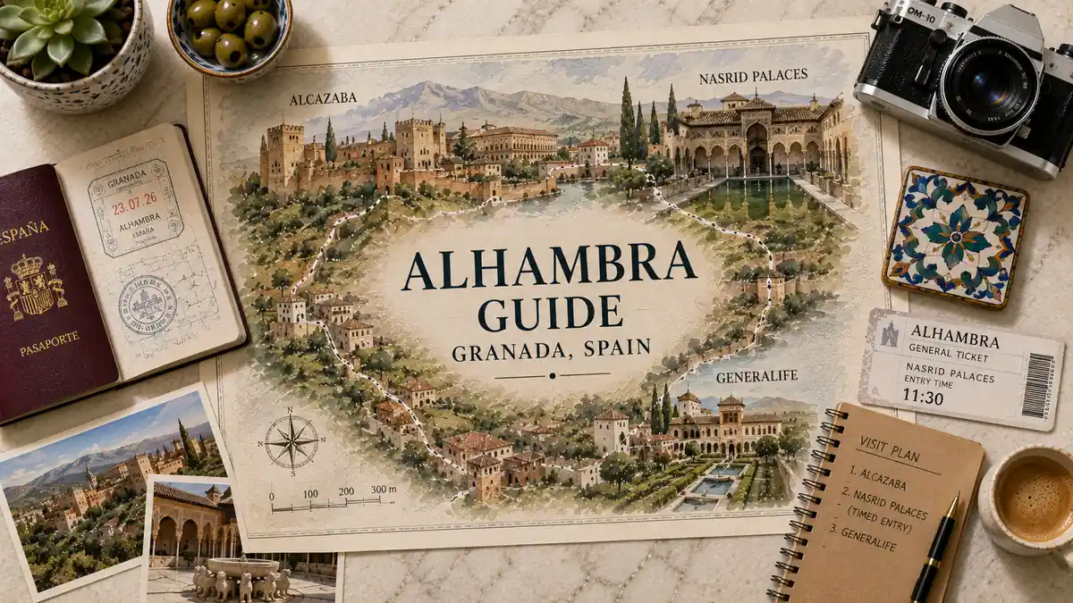Visiting the Alhambra: Tickets, Nasrid Slots and Visit Order 2 Overhead travel flat lay with an illustrated Alhambra map, passport, entry ticket, visit-plan notebook, postcards, ceramic tile, olives, and coffee.
