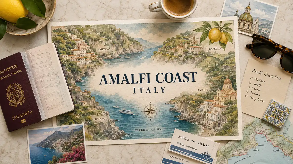 Flat lay Amalfi Coast travel map with passport, lemons, coffee, ferry ticket, and coastal planning notes.