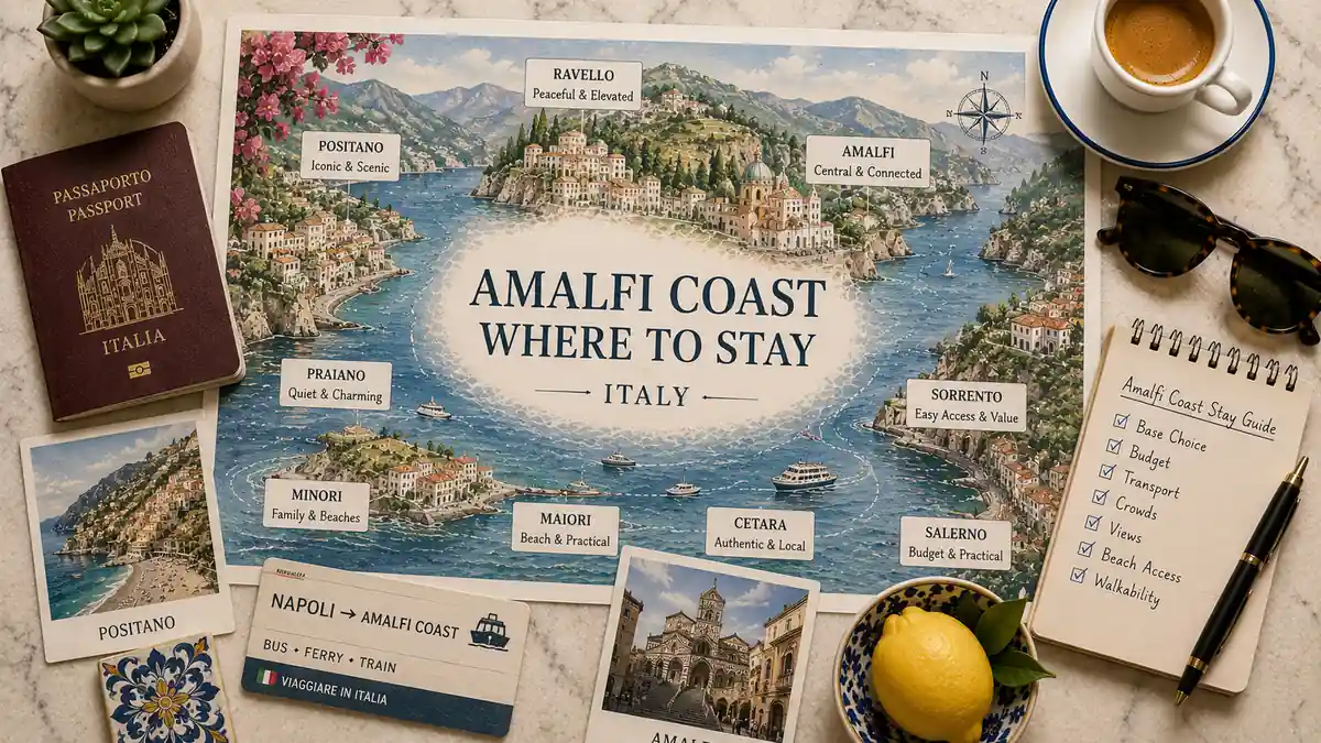 Where to Stay on the Amalfi Coast: Best Towns to Base In 2 Overhead Amalfi Coast travel flat lay with an illustrated map of base towns, passport, espresso, transit card, notebook, lemon and coastal postcards.