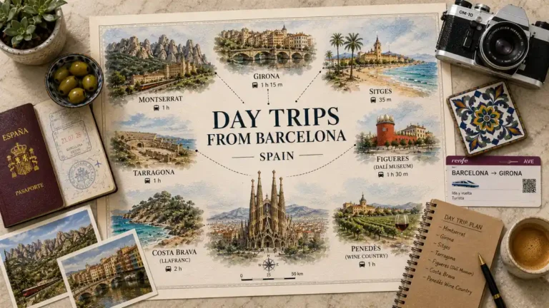 Overhead travel flat lay with a Barcelona day-trips map, passport, destination postcards, route card, notebook, ceramic tile, olives, and coffee.