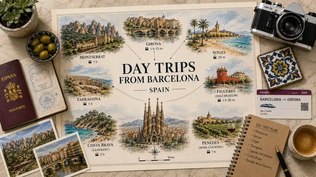 Best Day Trips from Barcelona, Ranked 2 Overhead travel flat lay with a Barcelona day-trips map, passport, destination postcards, route card, notebook, ceramic tile, olives, and coffee.