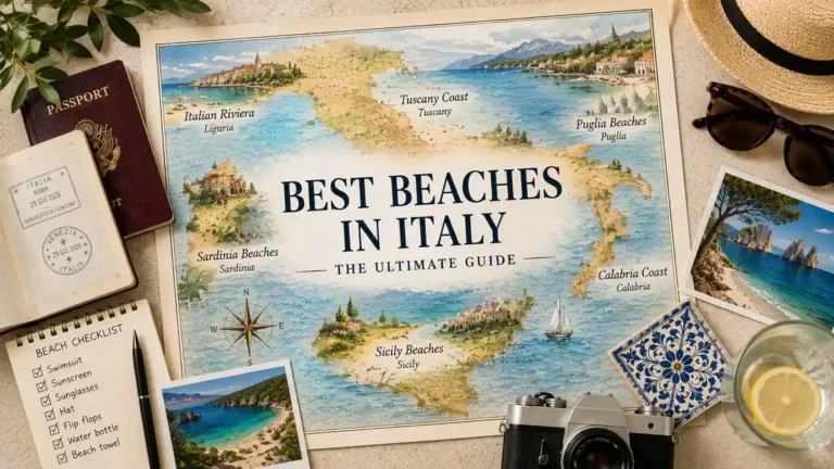 Flat lay Italy beaches map with passport, beach checklist, seashells, sunglasses, hat, and coastal postcards.