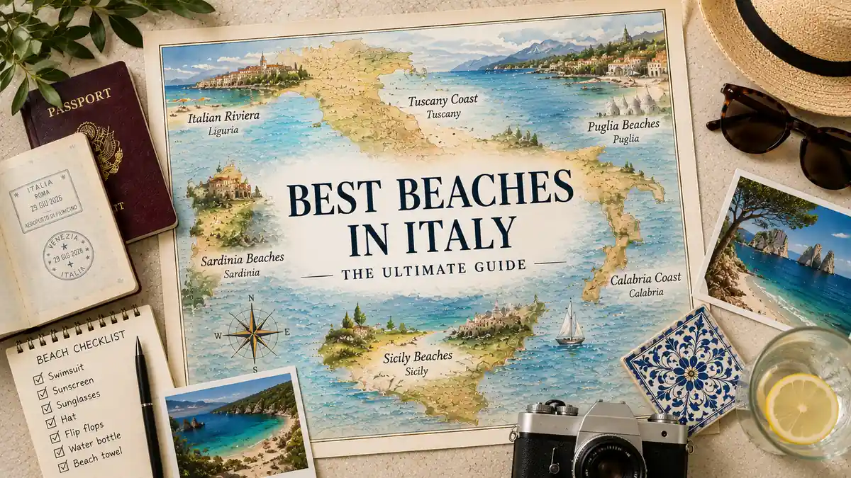 The Best Beaches in Italy: A Region-by-Region Shortlist 2 Flat lay Italy beaches map with passport, beach checklist, seashells, sunglasses, hat, and coastal postcards.