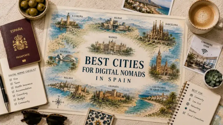 Overhead Spain map comparing digital nomad cities with a passport, coworking card, planning notebooks, coffee, olives and travel accessories.