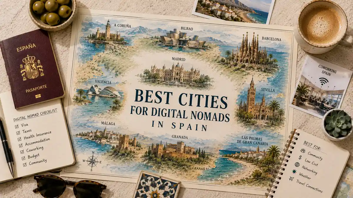 Best Cities in Spain for Digital Nomads (and Who Each Suits) 2 Overhead Spain map comparing digital nomad cities with a passport, coworking card, planning notebooks, coffee, olives and travel accessories.