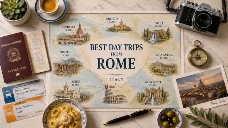 Overhead Rome day-trip planning flat lay with an illustrated route map, passport, train tickets, coffee, compass, postcard, pasta, and olives.