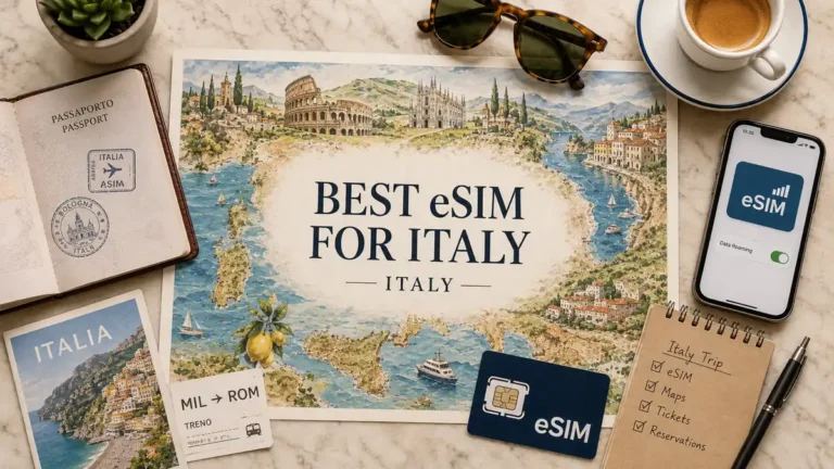 Overhead Italy travel flat lay with an illustrated map, passport, smartphone, espresso, notebook and eSIM planning props.