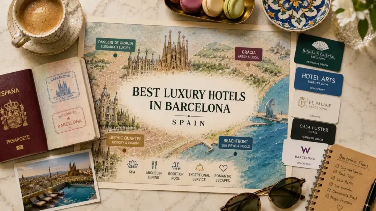 Top-down Barcelona luxury hotel planning flat lay with an illustrated city map, open passport, coffee, hotel cards, sunglasses, and a travel notebook.