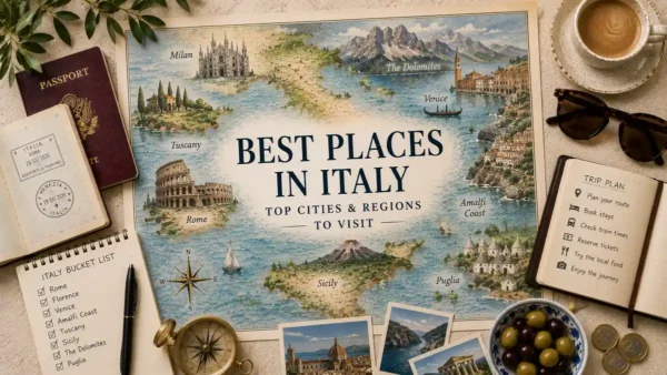 Flat lay Italy map with passport, destination checklist, compass, postcards, notebook, olives, and travel coins.
