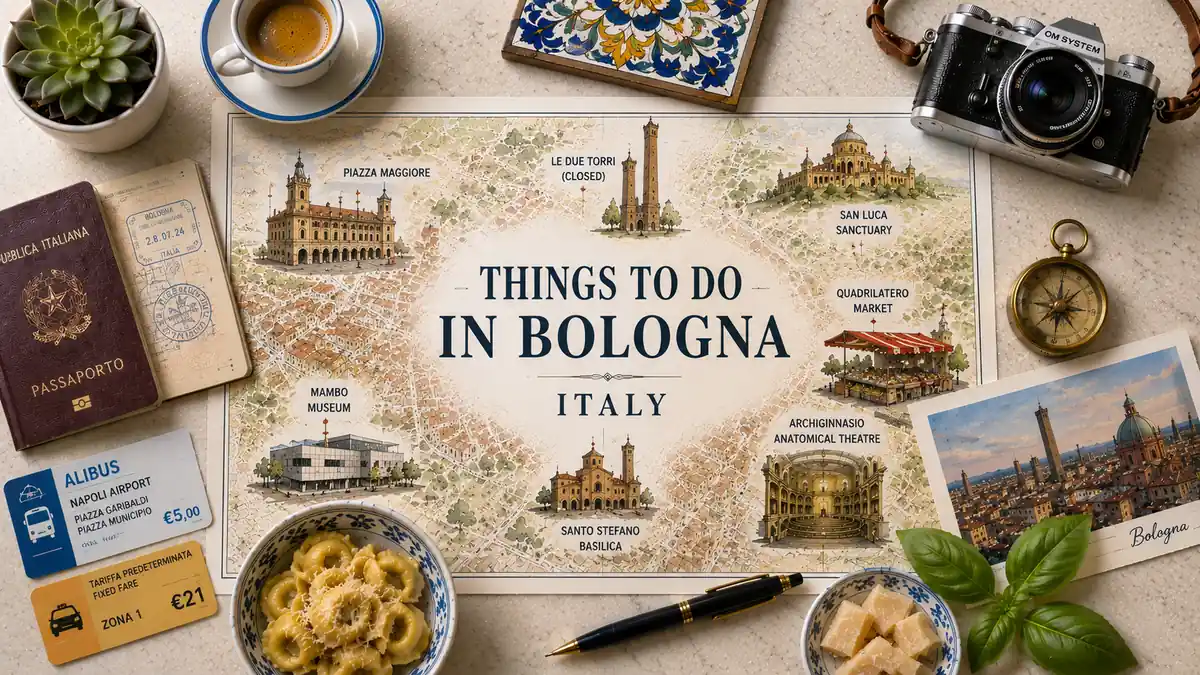 Best Things to Do in Bologna: The Experiences Worth Your Time 2 Overhead Bologna travel flat lay with an illustrated city map, passport, espresso, tortellini, cheese, compass, postcard, and camera.
