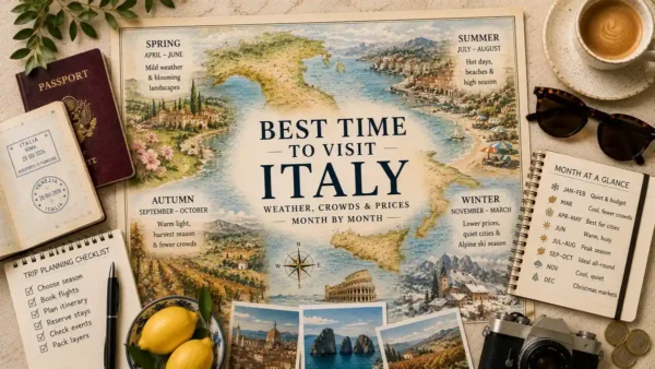 Flat lay Italy seasonal travel map with passport, planning checklist, notebook, lemons, postcards, and coffee.