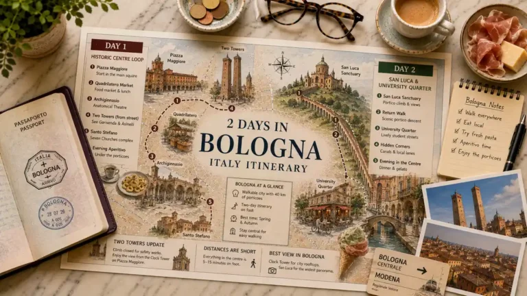 Bologna 2 Day Itinerary: A Walkable 48-Hour Route 5 Overhead Bologna two-day itinerary map with a passport, espresso, food, postcards, and travel notes.