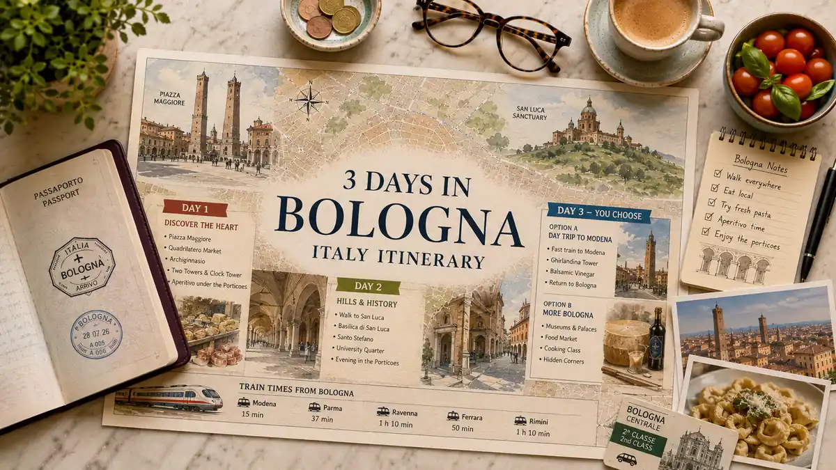 Overhead Bologna three-day itinerary map with a passport, espresso, train ticket, postcards, and travel notes.